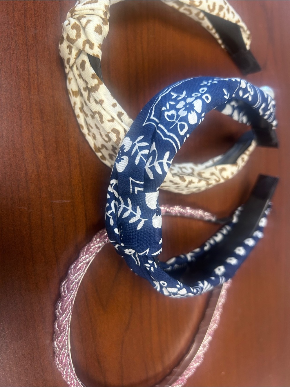 Set of 3 Women's Knotted and Braided Headbands - Navy, Cream, Pink